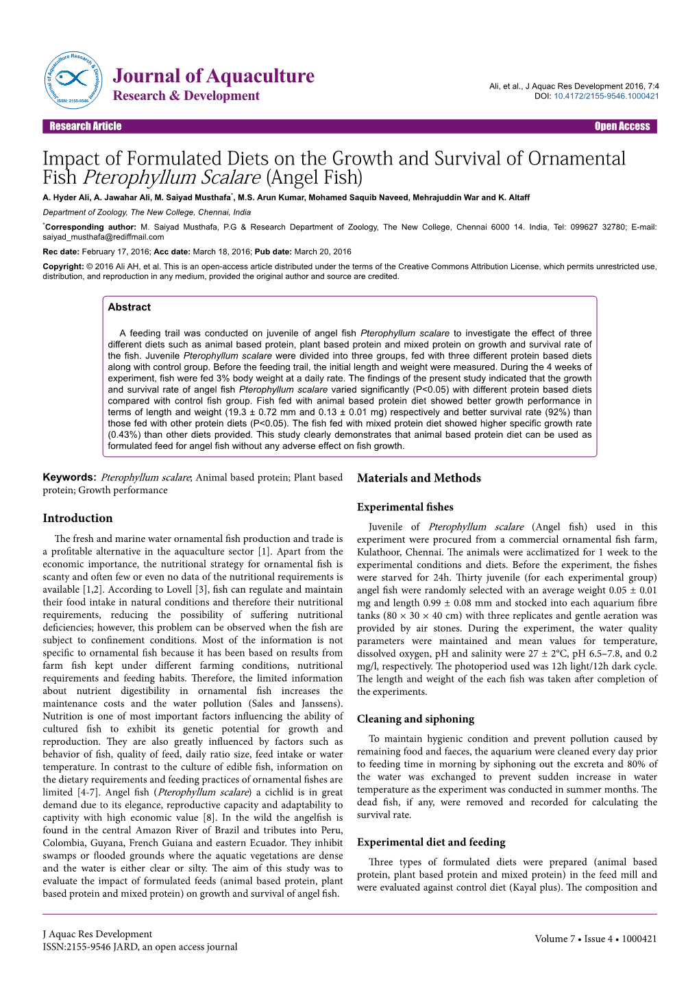 Impact of Formulated Diets on the Growth and Survival of Ornamental Fish Pterophyllum Scalare (Angel Fish) A