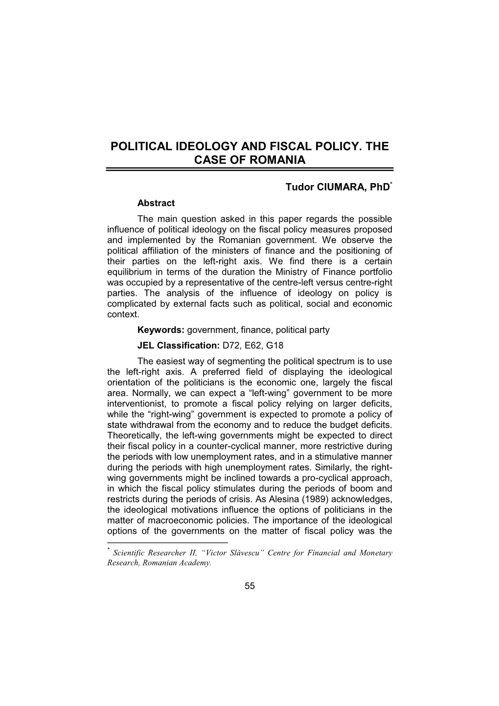 Political Ideology and Fiscal Policy. the Case of Romania