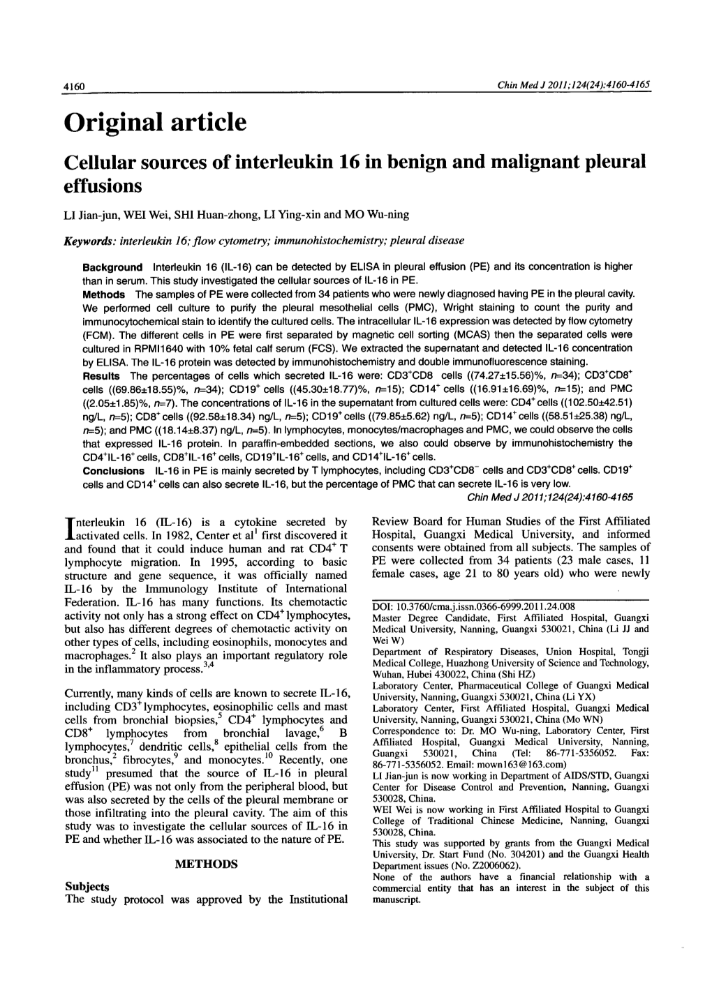 Cellular Sources of Interleukin 16 in Benign and Malignant Pleural Effusions