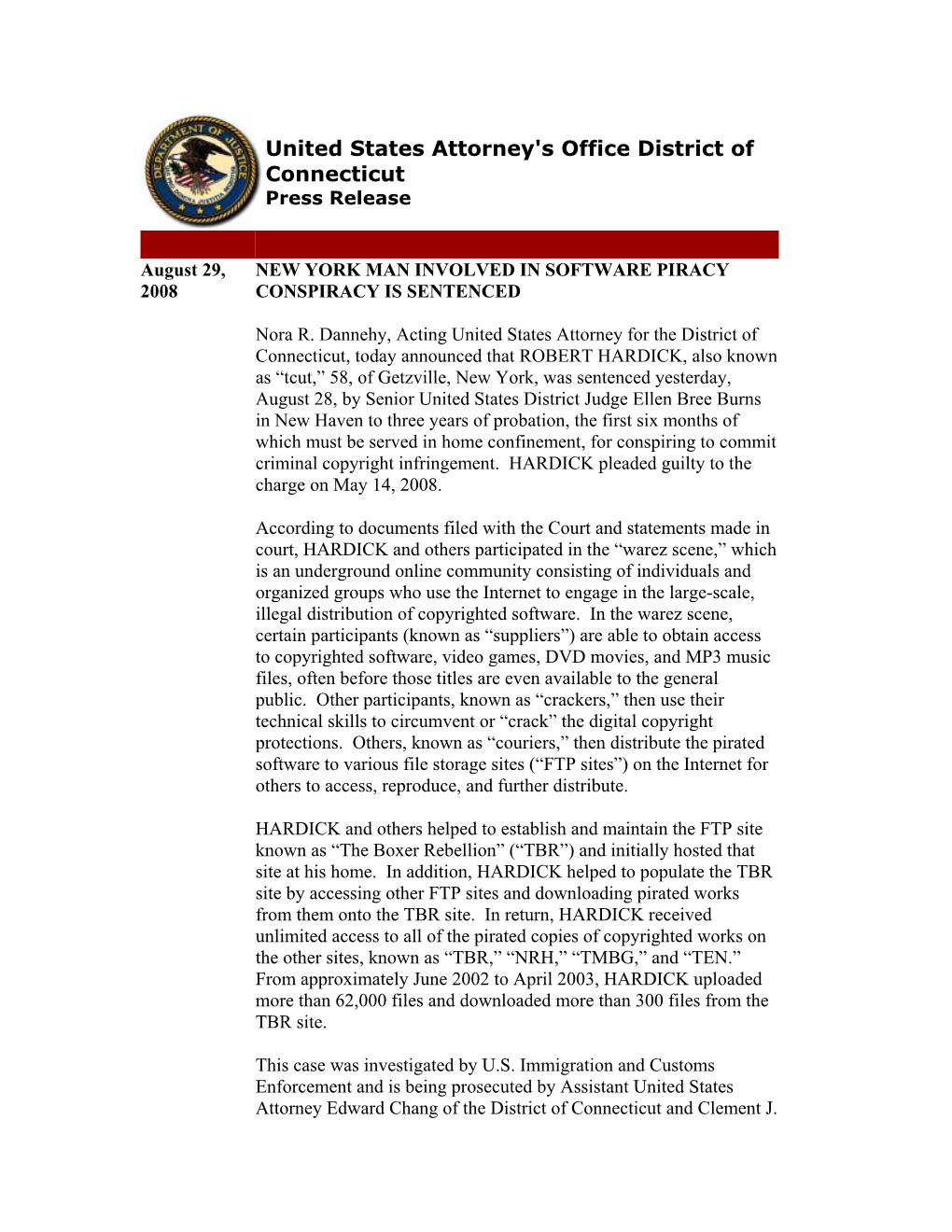 United States Attorney's Office District of Connecticut Press Release