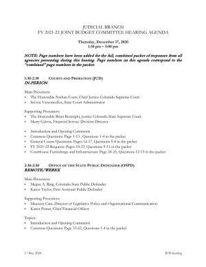 Judicial Branch Fy 2021-22 Joint Budget Committee Hearing Agenda