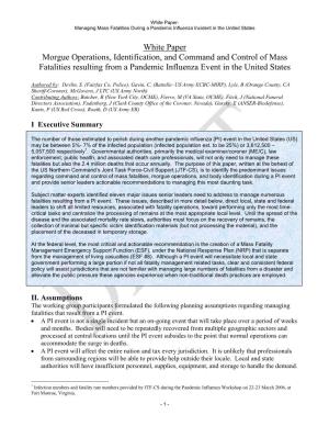 White Paper Morgue Operations, Identification, and Command and Control of Mass Fatalities Resulting from a Pandemic Influenza Event in the United States