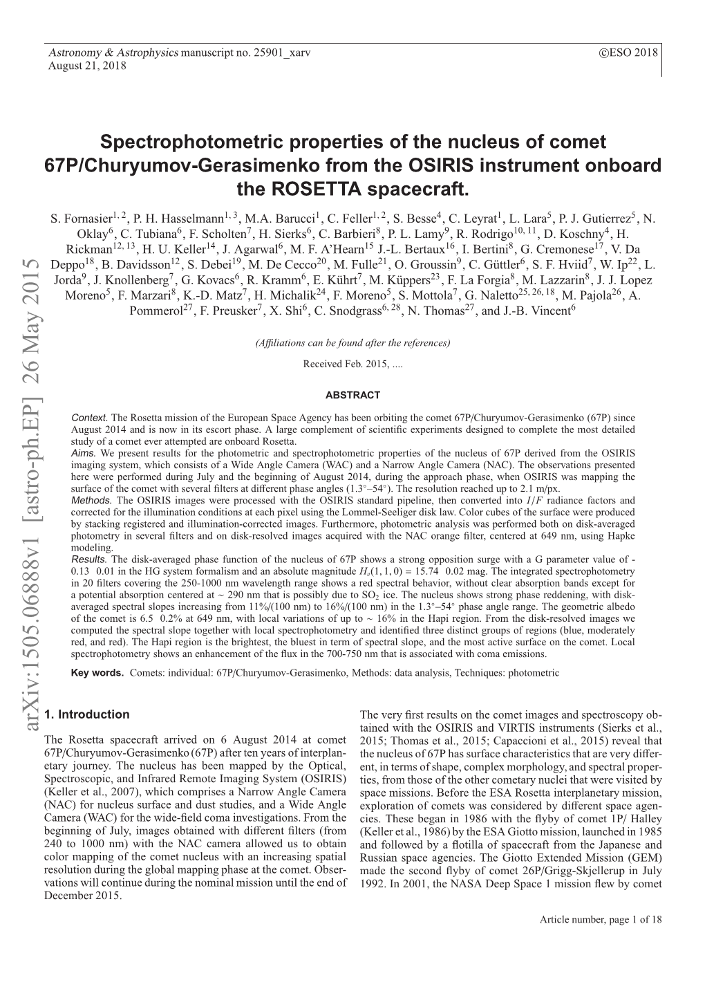 Spectrophotometric Properties of the Nucleus of Comet 67P/Churyumov