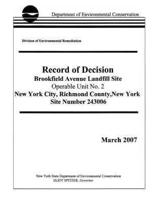 Record of Decision Brookfield Avenue Landfill Site Operable Unit No