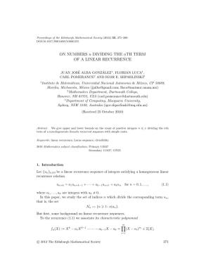 ON NUMBERS N DIVIDING the Nth TERM of a LINEAR RECURRENCE