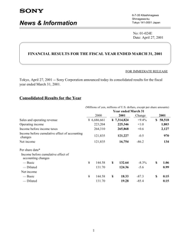 Financial Results for the Fiscal Year Ended March 31, 2001
