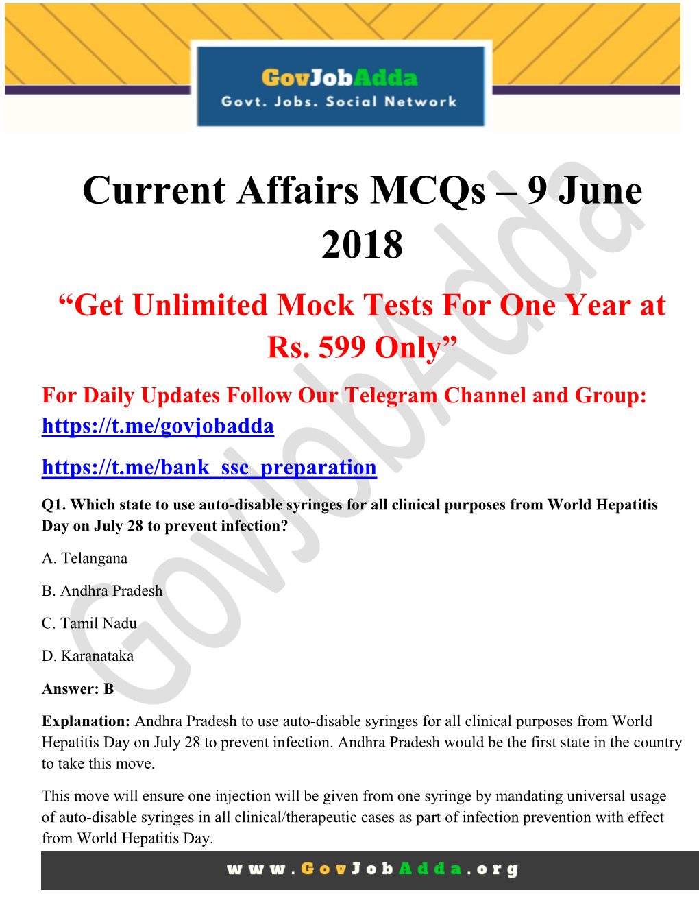 Current Affairs Mcqs – 9 June 2018 “Get Unlimited Mock Tests for One Year at Rs