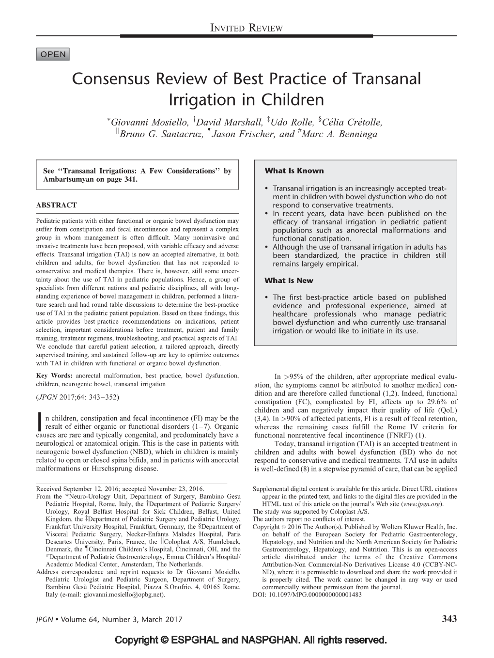 Consensus Review of Best Practice of Transanal Irrigation in Children �Giovanni Mosiello, Ydavid Marshall, Zudo Rolle, §Ce´Lia Cre´Tolle, Jjbruno G