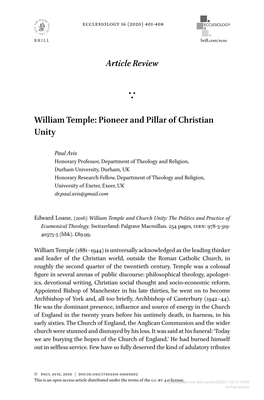 Article Review William Temple: Pioneer and Pillar of Christian Unity