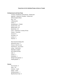 Pooja Items List for Individual Poojas at Home Or Temple Gruhapravesam