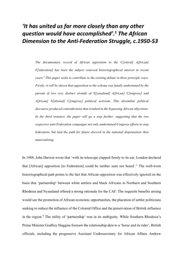 1 the African Dimension to the Anti-Federation Struggle, C.1950-53