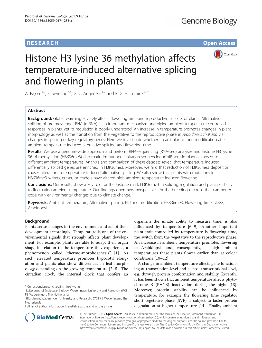 Histone H3 Lysine 36 Methylation Affects Temperature-Induced Alternative Splicing and Flowering in Plants A