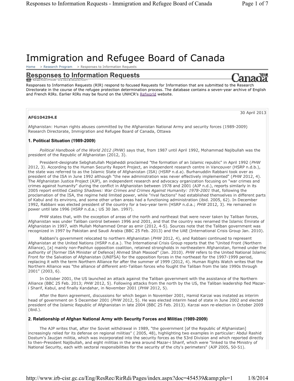 Immigration and Refugee Board of Canada Page 1 of 7