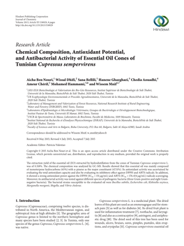 Research Article Chemical Composition, Antioxidant Potential, and Antibacterial Activity of Essential Oil Cones of Tunisian Cupressus Sempervirens