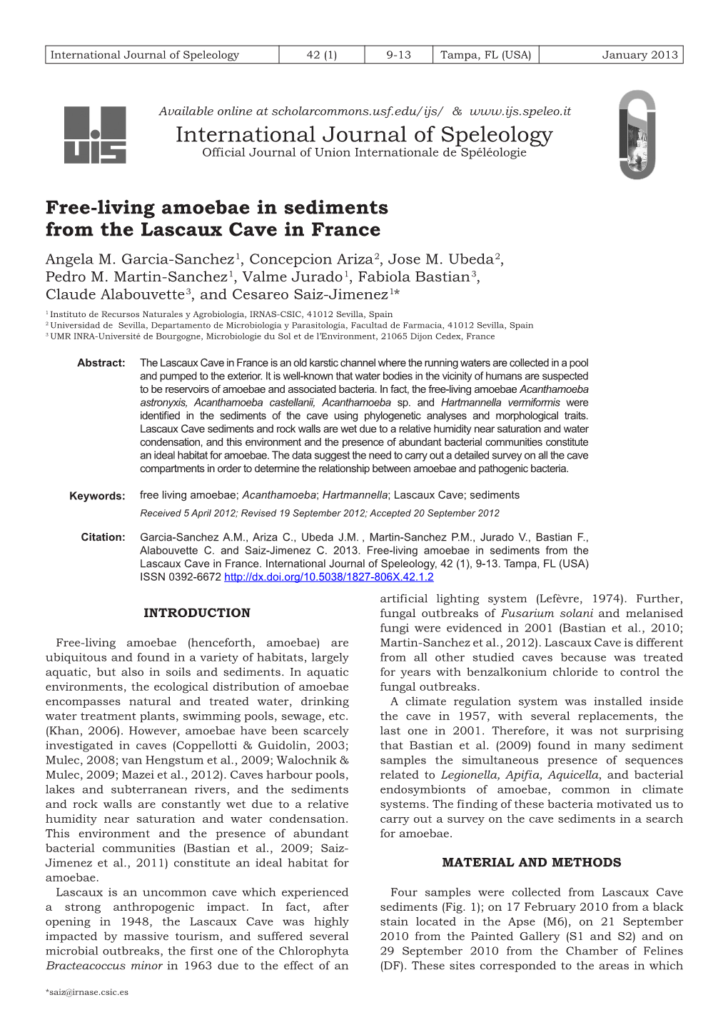 Free-Living Amoebae in Sediments from the Lascaux Cave in France Angela M