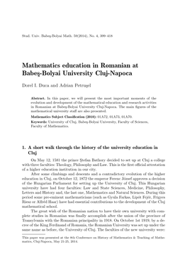 Mathematics Education in Romanian at Babes-Bolyai University Cluj