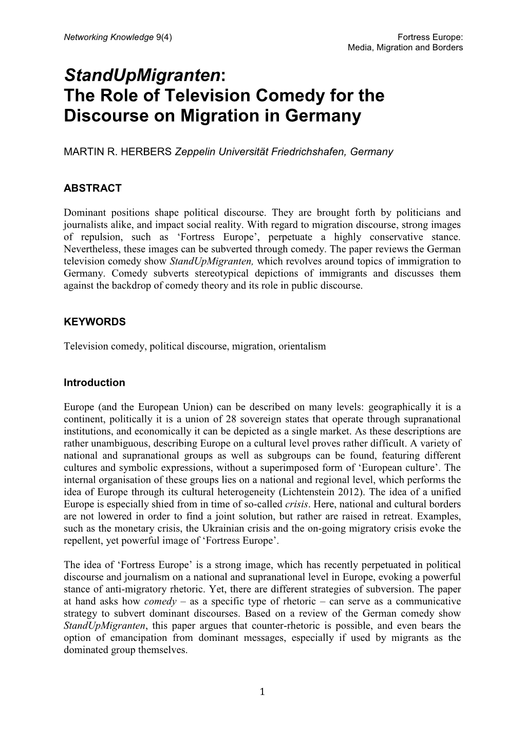 The Role of Television Comedy for the Discourse on Migration in Germany