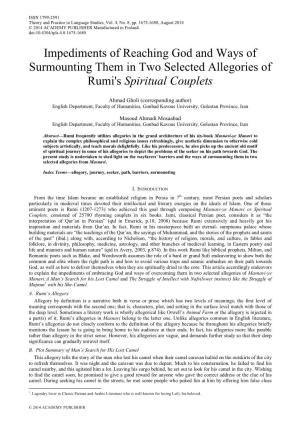Impediments of Reaching God and Ways of Surmounting Them in Two Selected Allegories of Rumi's Spiritual Couplets