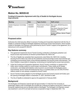 Motion No. M2020-02 Funding & Cooperative Agreement with City of Seattle for Northgate Access Improvements