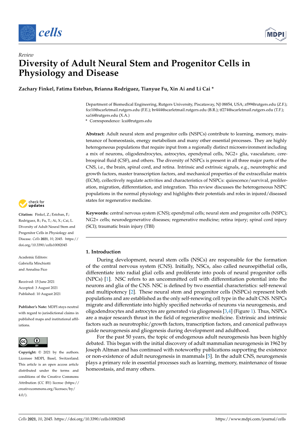 Diversity of Adult Neural Stem and Progenitor Cells in Physiology and Disease