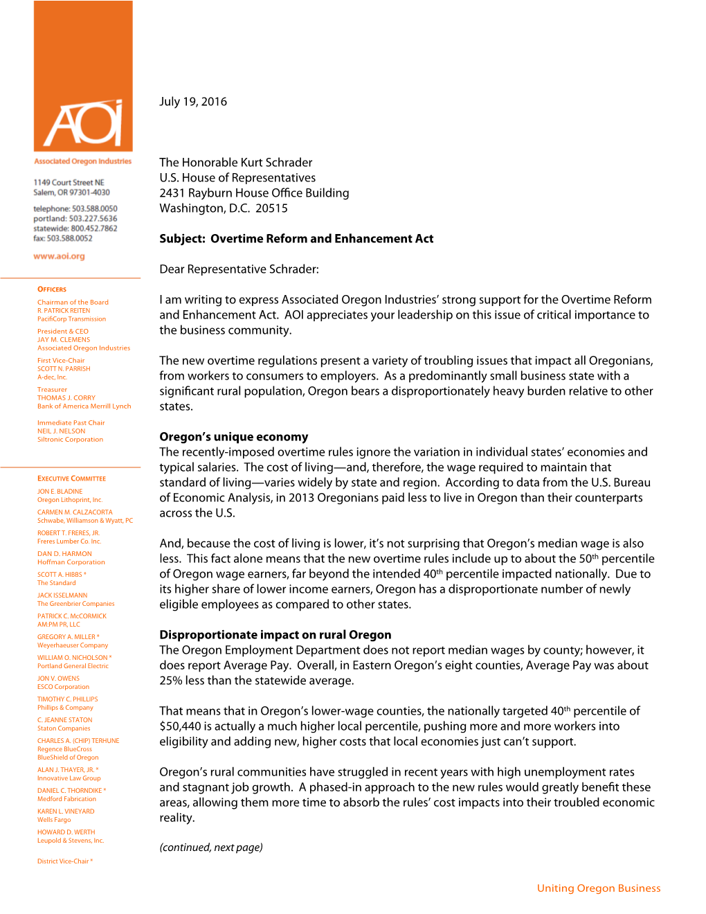 Associated Oregon Industries Re: Overtime Reform and Enhancement Act July 19, 2016 July 19, 2016 Page 2