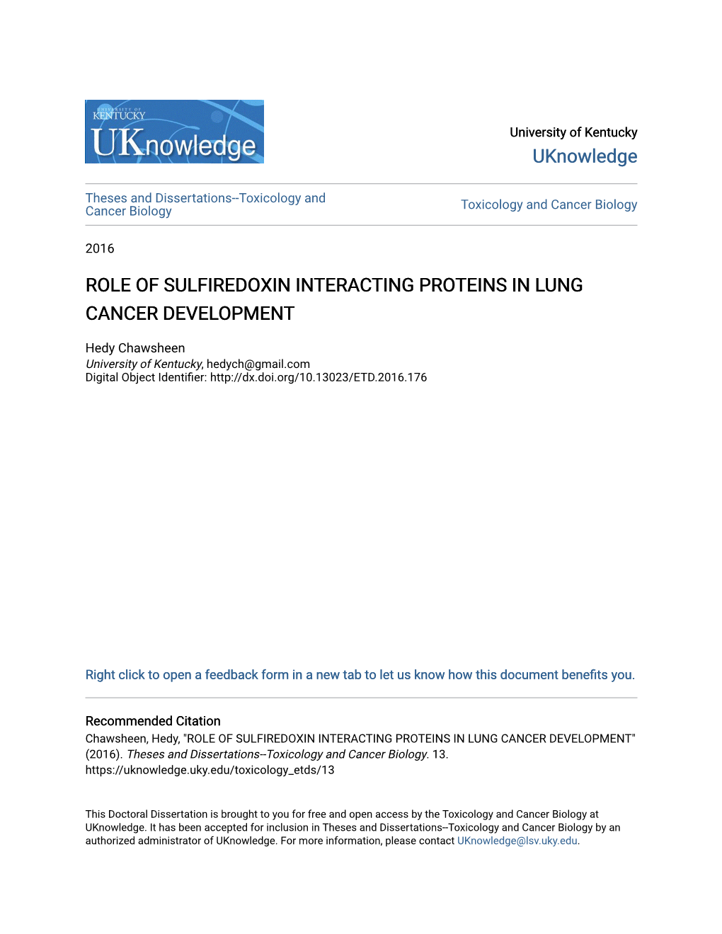 Role of Sulfiredoxin Interacting Proteins in Lung Cancer Development