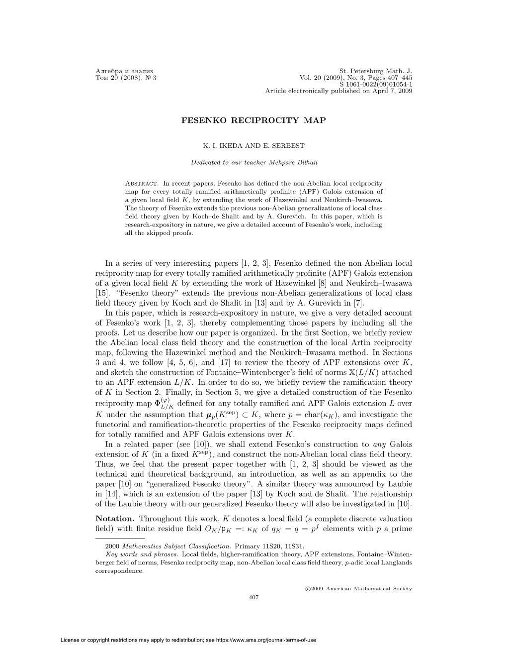 [1, 2, 3], Fesenko Defined the Non-Abelian Local Reciprocity