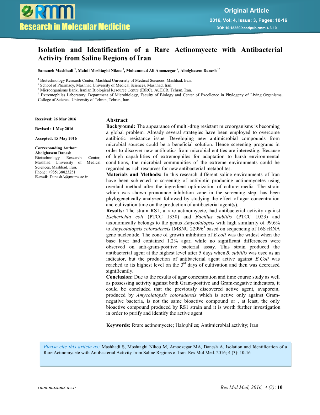 Isolation and Identification of a Rare Actinomycete with Antibacterial Activity from Saline Regions of Iran