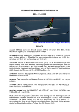 Globaler Airline-Newsletter Von Berlinspotter.De 26.8. – 31.8. 2009