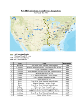 New FHWA National Scenic Byways Designations February 16, 2021