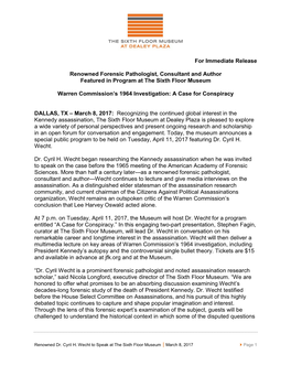 For Immediate Release Renowned Forensic Pathologist, Consultant