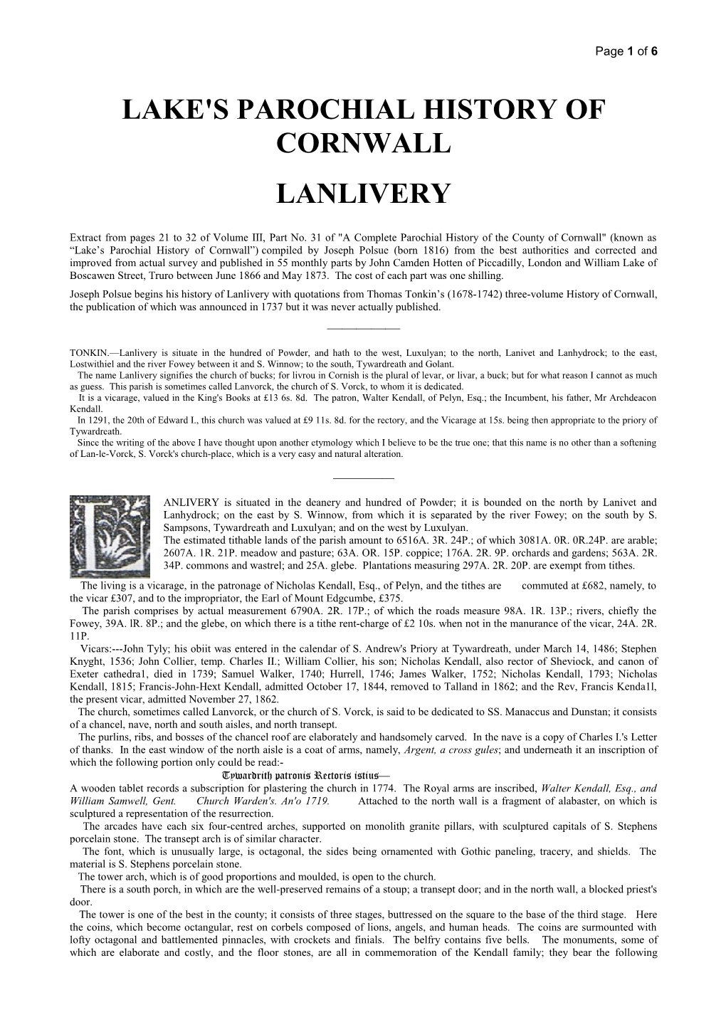 Lake's Parochial History of Cornwall Lanlivery