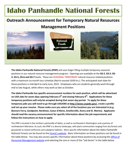 Idaho Panhandle National Forests Outreach Announcement for Temporary Natural Resources Management Positions