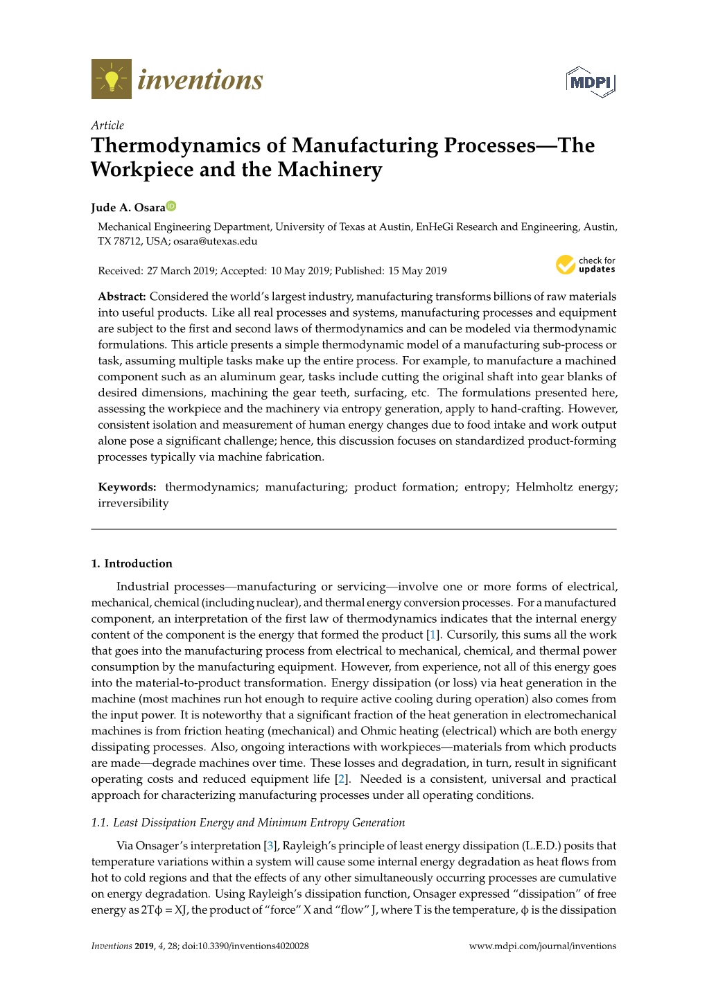 Thermodynamics of Manufacturing Processes—The Workpiece and the Machinery