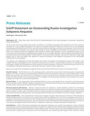 Press Releases SHARE Schi� Statement on Outstanding Russia Investigation Subpoena Requests