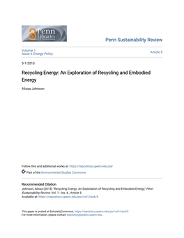 Recycling Energy: an Exploration of Recycling and Embodied Energy