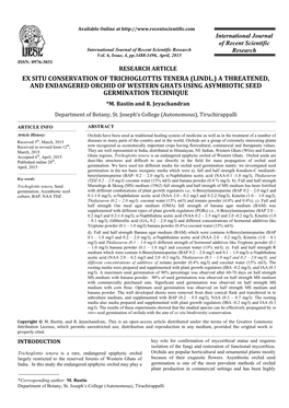 Ex Situ Conservation of Trichoglottis Tenera (Lindl.) a Threatened, and Endangered Orchid of Western Ghats Using Asymbiotic Seed Germination Technique *M