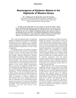 Reemergence of Epidemic Malaria in the Highlands of Western Kenya