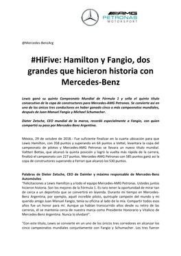 Hifive: Hamilton Y Fangio, Dos Grandes Que Hicieron Historia Con Mercedes-Benz