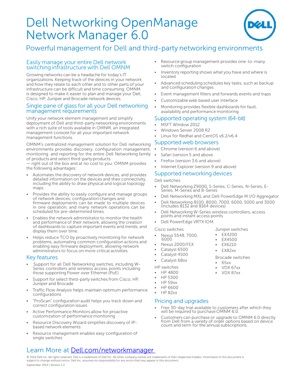 Dell Networking Openmanage Network Manager 6.0 Powerful Management for Dell and Third-Party Networking Environments