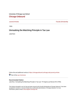 Unmasking the Matching Principle in Tax Law