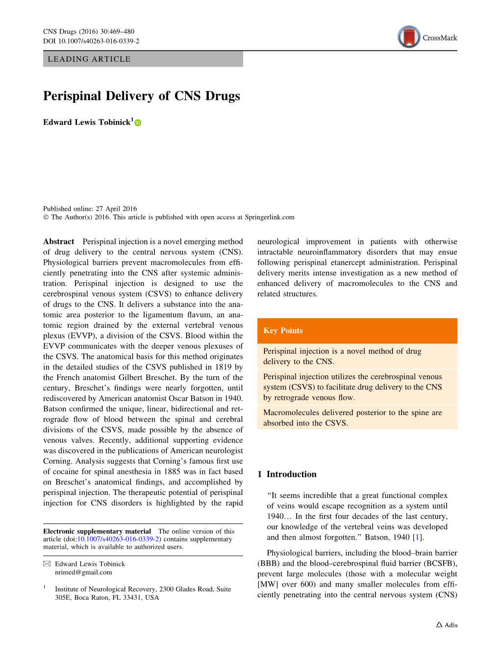 Perispinal Delivery of CNS Drugs