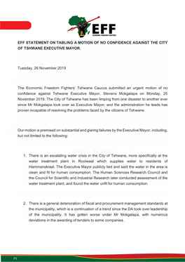 Eff Statement on Tabling a Motion of No Confidence Against the City of Tshwane Executive Mayor