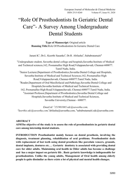 “Role of Prosthodontists in Geriatric Dental Care”- a Survey Among Undergraduate Dental Students