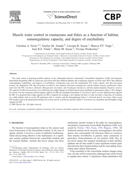 Muscle Water Control in Crustaceans and Fishes As a Function of Habitat, Osmoregulatory Capacity, and Degree of Euryhalinity ⁎ Carolina A