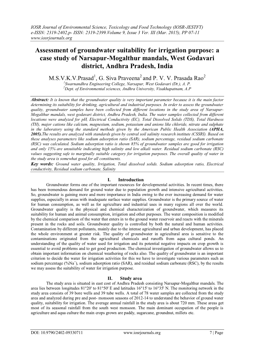 Assessment of Groundwater Suitability for Irrigation Purpose: a Case Study of Narsapur-Mogalthur Mandals, West Godavari District, Andhra Pradesh, India