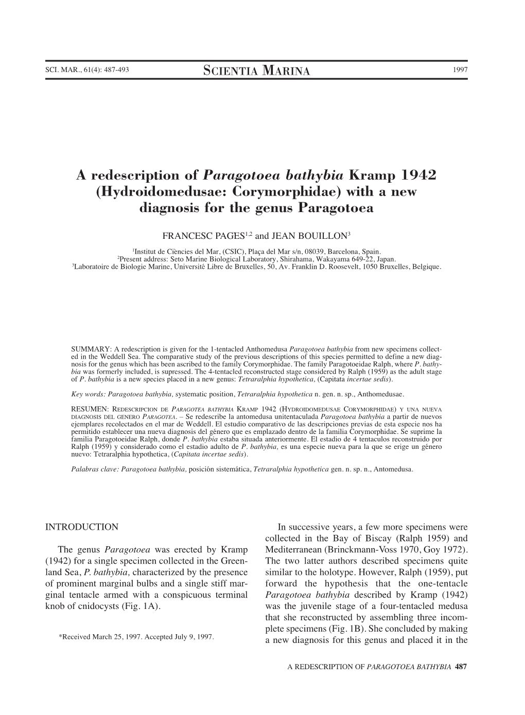 A Redescription of Paragotoea Bathybia Kramp 1942 (Hydroidomedusae: Corymorphidae) with a New Diagnosis for the Genus Paragotoea