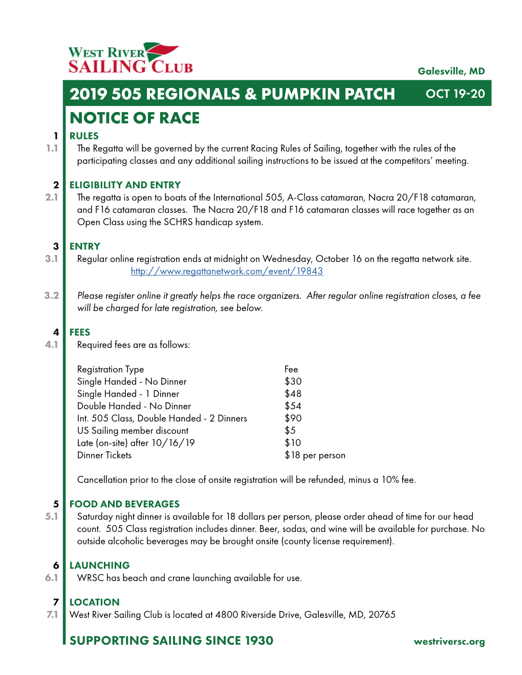 Notice of Race 2019 505 Regionals & Pumpkin Patch