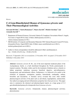 C-4 Gem-Dimethylated Oleanes of Gymnema Sylvestre and Their Pharmacological Activities