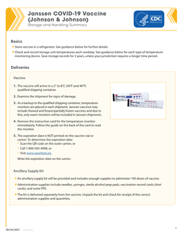 Janssen COVID-19 Vaccine Storage and Handling Summary